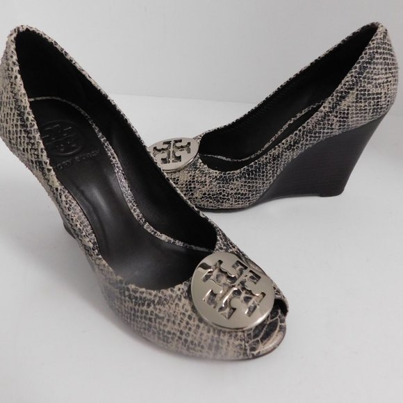 Tory Burch Julianne Multi-color Python Embossed Leather Peep-toe Wedge Pumps 8 M - Picture 1 of 6